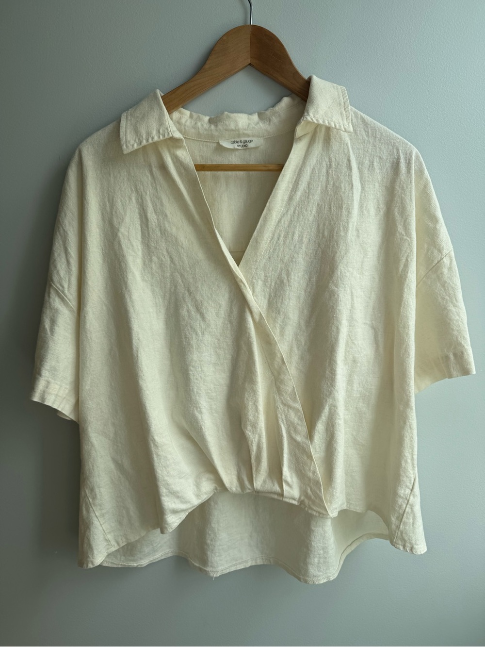Women's Cream Linen blend Wrap-Front Short Sleeve Top